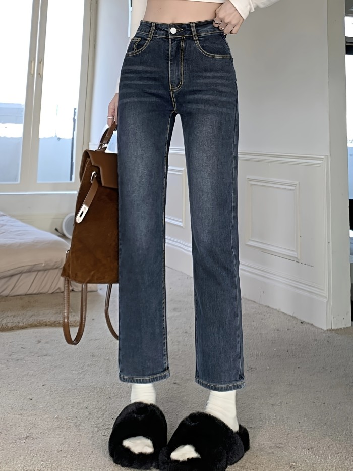 Whiskering Straight Leg Cropped Jeans, Simple Slash Pocket Versatile Denim Pants, Women's Denim Jeans & Clothing