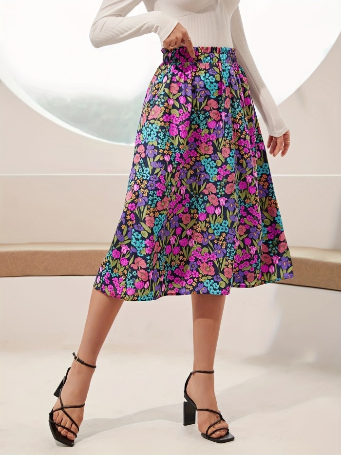 Floral Print A-line Midi Skirt, Elegant Elastic High Waist Skirt For Spring & Summer, Women's Clothing