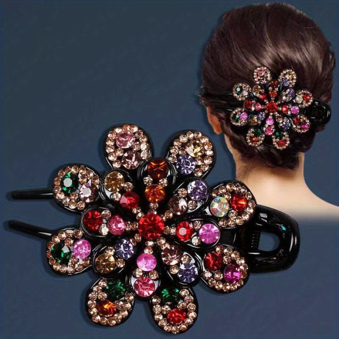 Elegant Crystal Duck Billed Hair Clips with Flower Design - Stylish Hair Accessories for Women and Girls