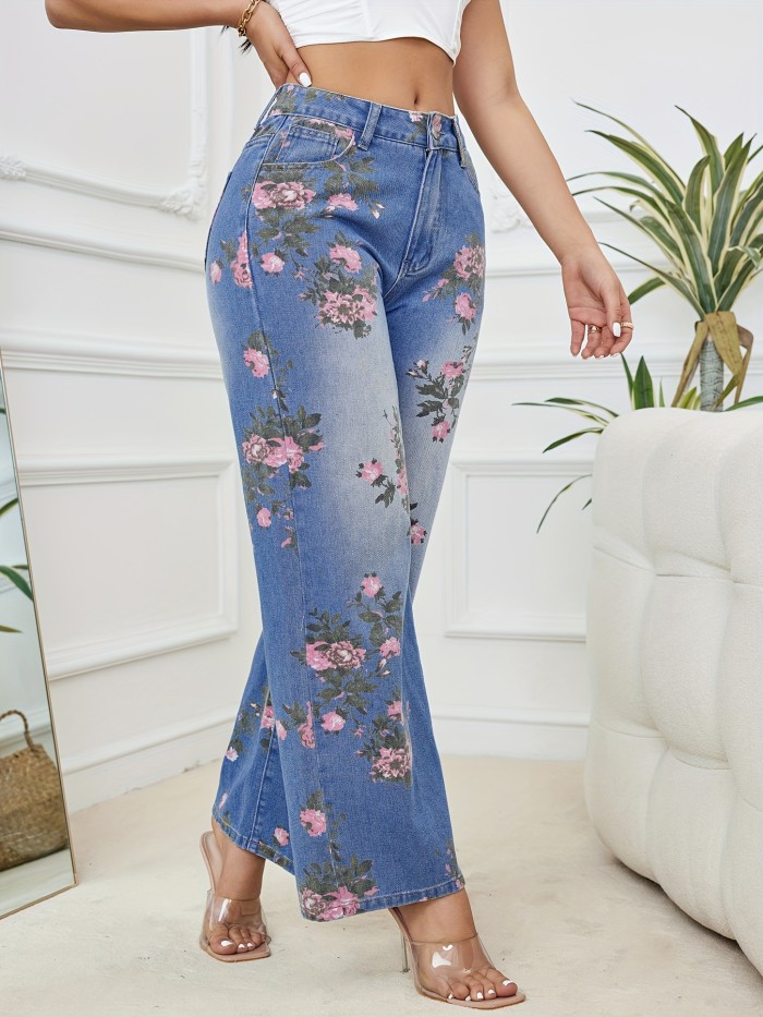 Women's Floral Print Wide Leg Denim Pants - Vintage Style, Loose Fit, Slash Pocket Jeans