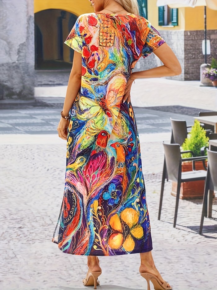 Boho V Neck Peacock Print Maxi Dress - Women's Short Sleeve Split Dress