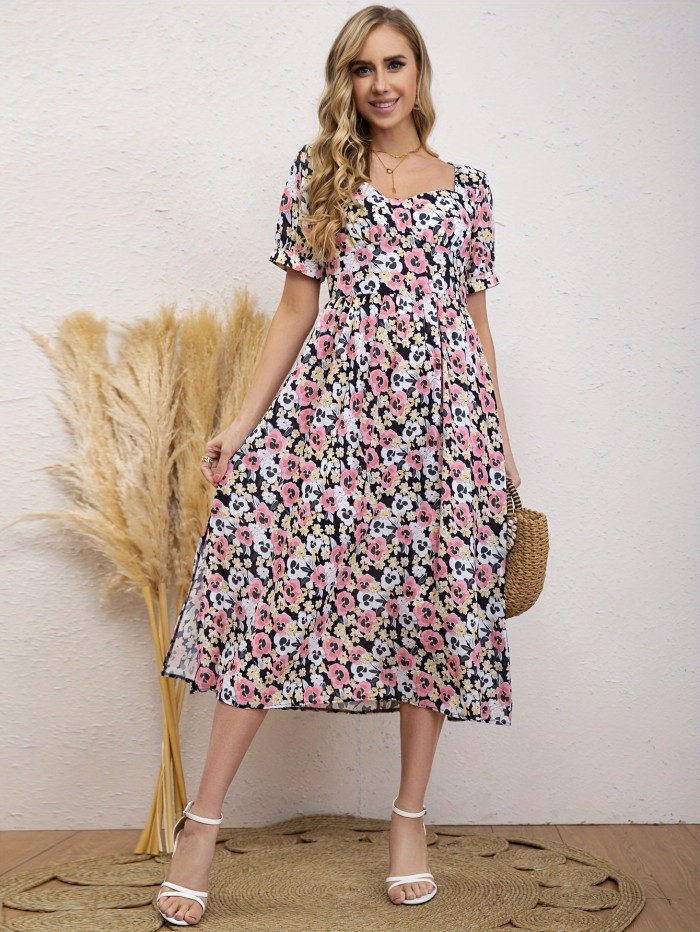Floral Print Sweetheart Neck Dress, Elegant Short Sleeve Split Midi Dress For Spring & Summer, Women's Clothing