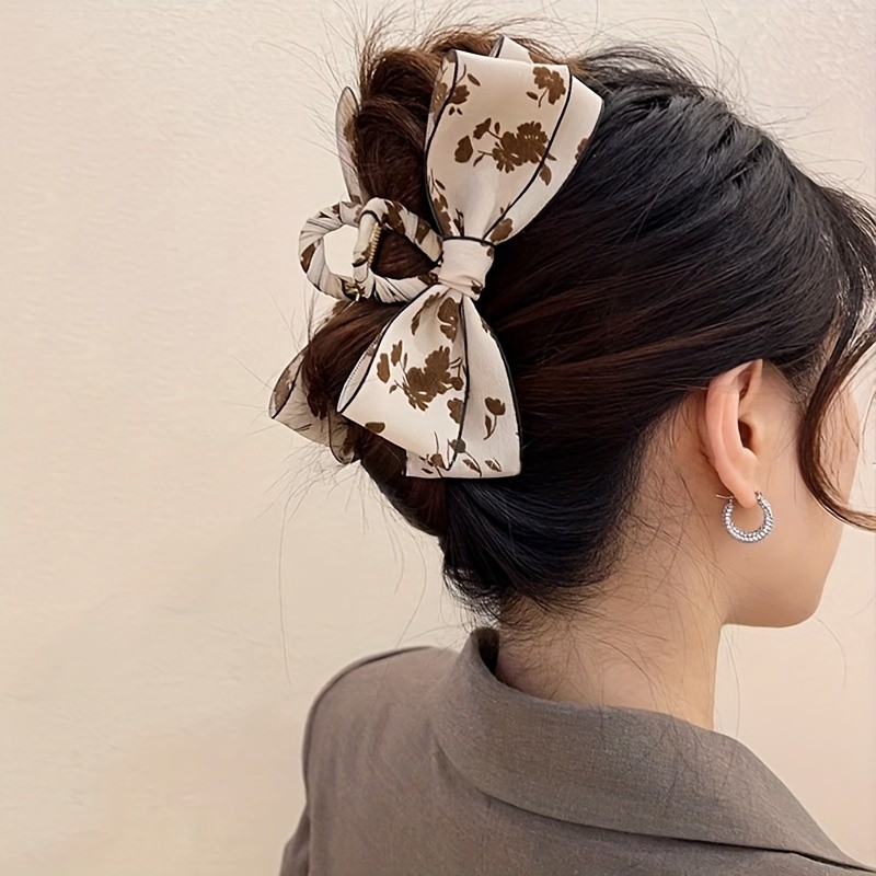 1pcs Vintage Floral Bow Hair Grab Clip - Elegant Hair Claw Barrette for Women and Girls - Cute Sweet Shark Clip Hair Accessory