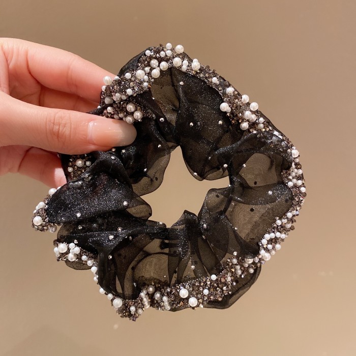 1pc Vintage Organza Hair Rope with Glitter, Faux Pearls, and Rhinestones - Casual Ponytail Headwear