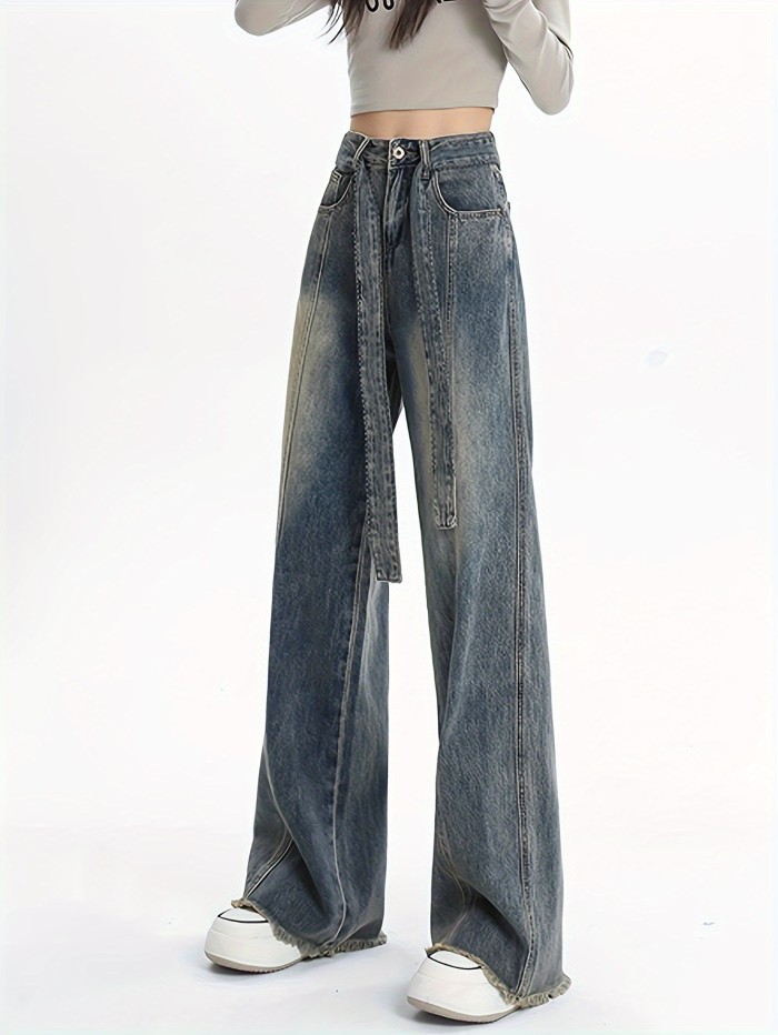 Knot Belt Retro Washed Jeans, High Rise Loose Fit Versatile Denim Pants, Women's Denim Jeans & Clothing