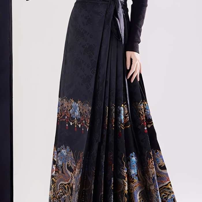 Dragon Print Pleated Skirt, Chinese Style High Waist Maxi Horse Face Skirt, Women's Clothing