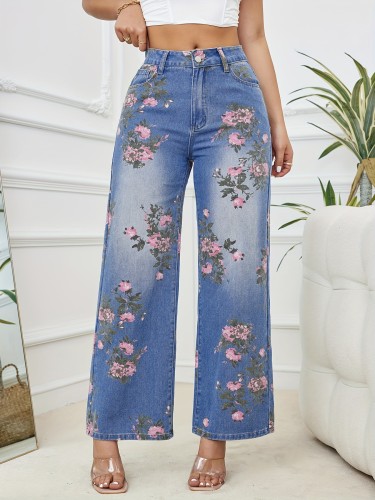 Women's Floral Print Wide Leg Denim Pants - Vintage Style, Loose Fit, Slash Pocket Jeans