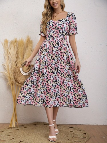 Floral Print Sweetheart Neck Dress, Elegant Short Sleeve Split Midi Dress For Spring & Summer, Women's Clothing
