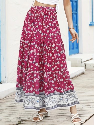 Boho Floral Print High Waist Skirt, Casual A-line Ruffle Hem Ankle Length Skirt, Women's Clothing