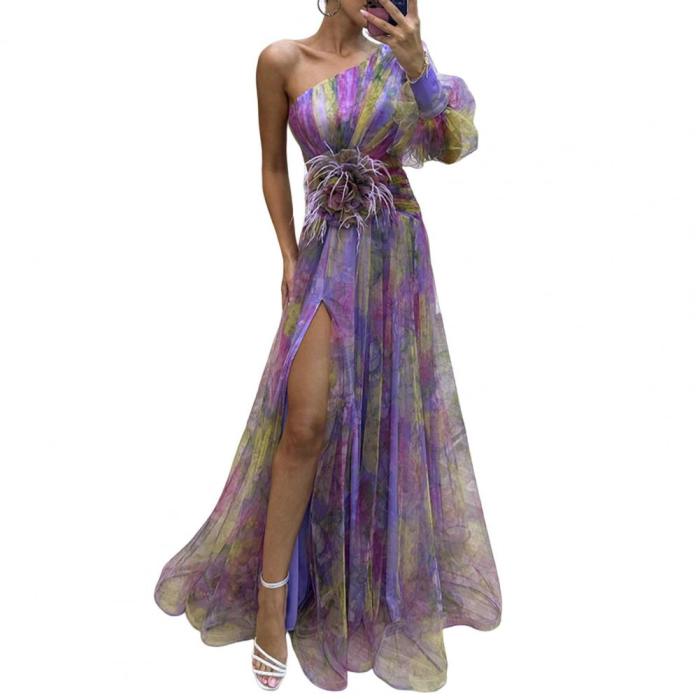 2024 New Party Mesh Diagonal Collar Flower Print Long Dress Sexy One Shoulder Sleeve High Waist Split Dress
