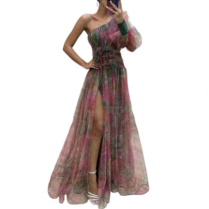 Off-shoulder A-line Evening Dress Elegant One Shoulder Tie-dye Ball Gown with Mesh Bubble Sleeve Split Hem Women's Floor Length