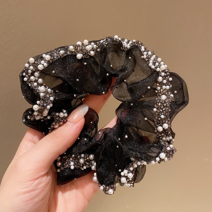 1pc Vintage Organza Hair Rope with Glitter, Faux Pearls, and Rhinestones - Casual Ponytail Headwear