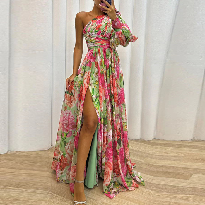 Boho Floral Print Party Dress  Elegant Fashion One-Shoulder Holiday Fairy Dress Sexy Slim Pleated A-Line Maxi Dress