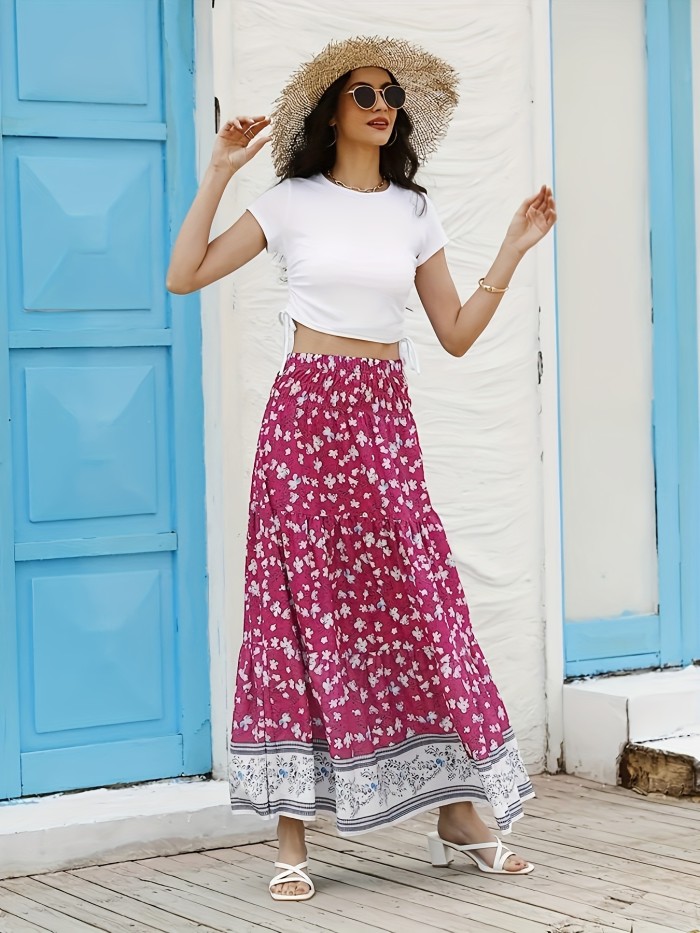 Boho Floral Print High Waist Skirt, Casual A-line Ruffle Hem Ankle Length Skirt, Women's Clothing