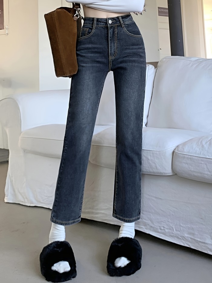 Whiskering Straight Leg Cropped Jeans, Simple Slash Pocket Versatile Denim Pants, Women's Denim Jeans & Clothing