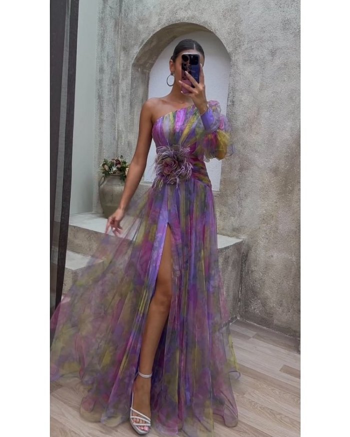 Sexy Contrasting Colors Flower Print  Fashion One Shoulder Sleeve Split Robe  Chic Lady Party Dresses