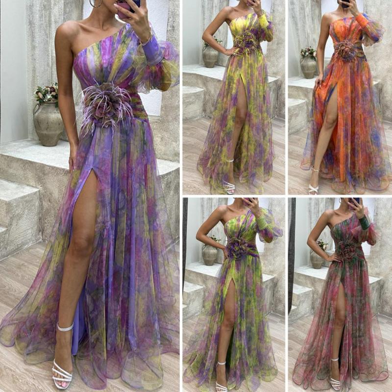 2024 New Party Mesh Diagonal Collar Flower Print Long Dress Sexy One Shoulder Sleeve High Waist Split Dress