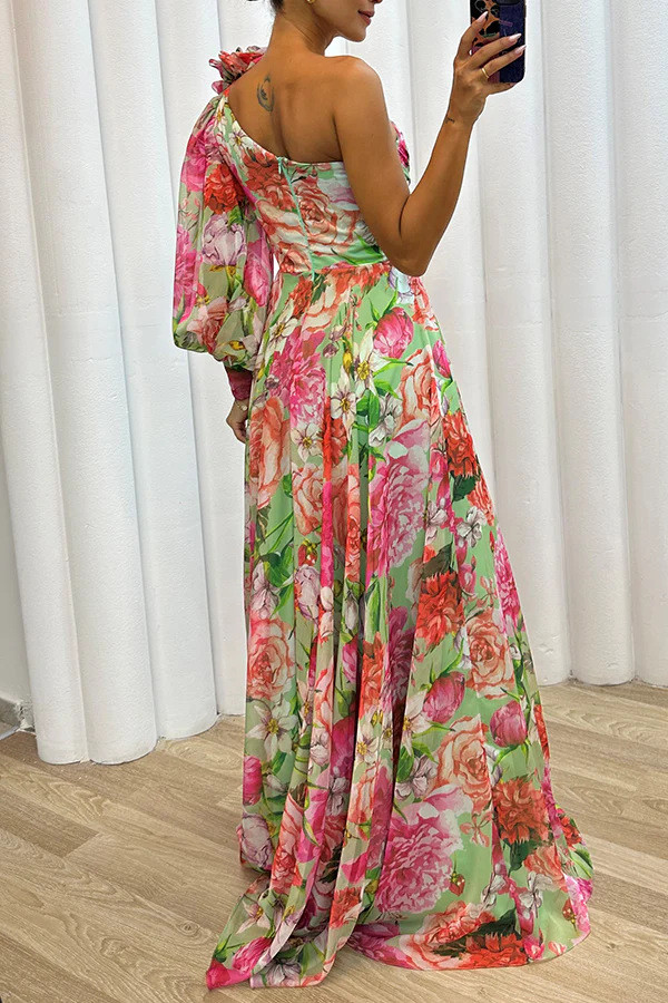 Sexy Contrasting Colors Flower Print  Fashion One Shoulder Sleeve Split Robe  Chic Lady Party Dresses