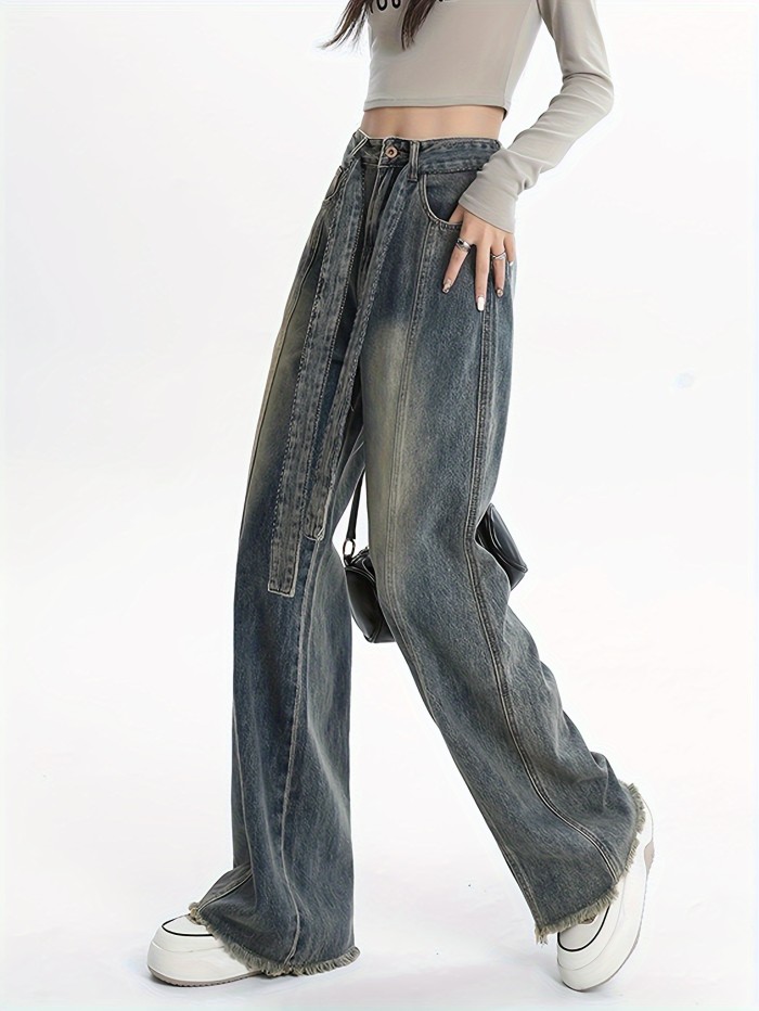 Knot Belt Retro Washed Jeans, High Rise Loose Fit Versatile Denim Pants, Women's Denim Jeans & Clothing