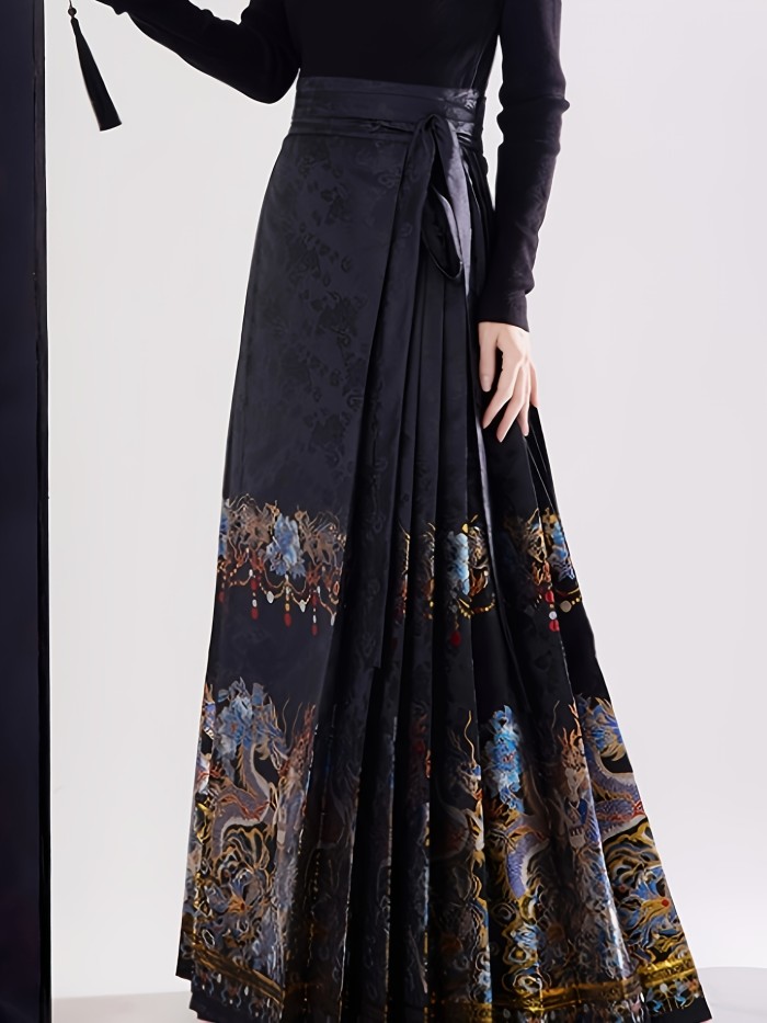 Dragon Print Pleated Skirt, Chinese Style High Waist Maxi Horse Face Skirt, Women's Clothing