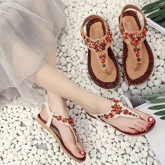 Women's Beads Decor Flat Sandals, Casual Clip Toe Summer Shoes, Lightweight Elastic Band Sandals