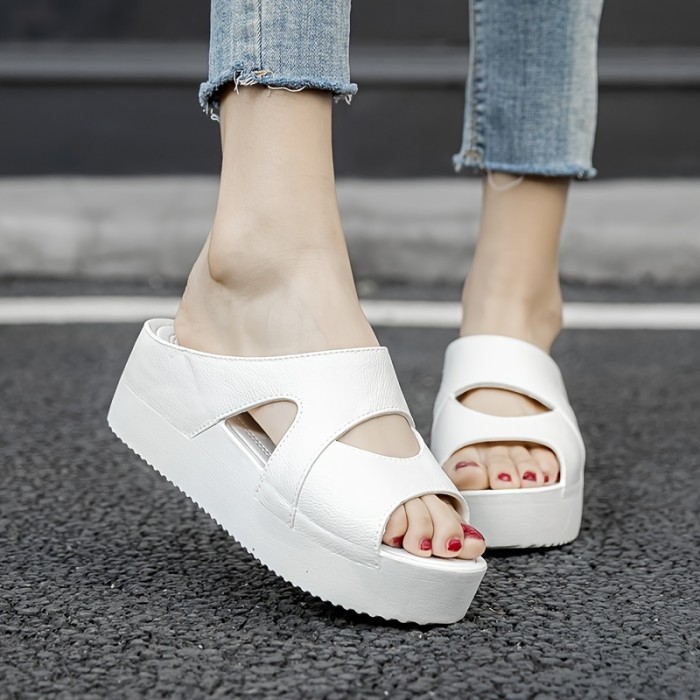 Women's Platform Slippers - Comfortable Open Toe Solid Color Cut Out Round Toe Slides for Indoor & Outdoor Wear