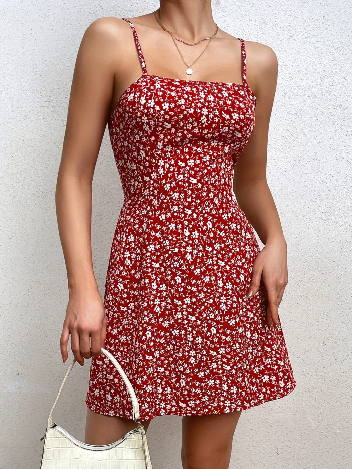 Floral Print Backless Cami Dress, Vacation Style Tie Back Sleeveless Mini Dress For Spring & Summer, Women's Clothing