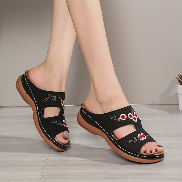 Women's Flower Pattern Wedge Sandals - Comfortable Slip On Summer Sandals