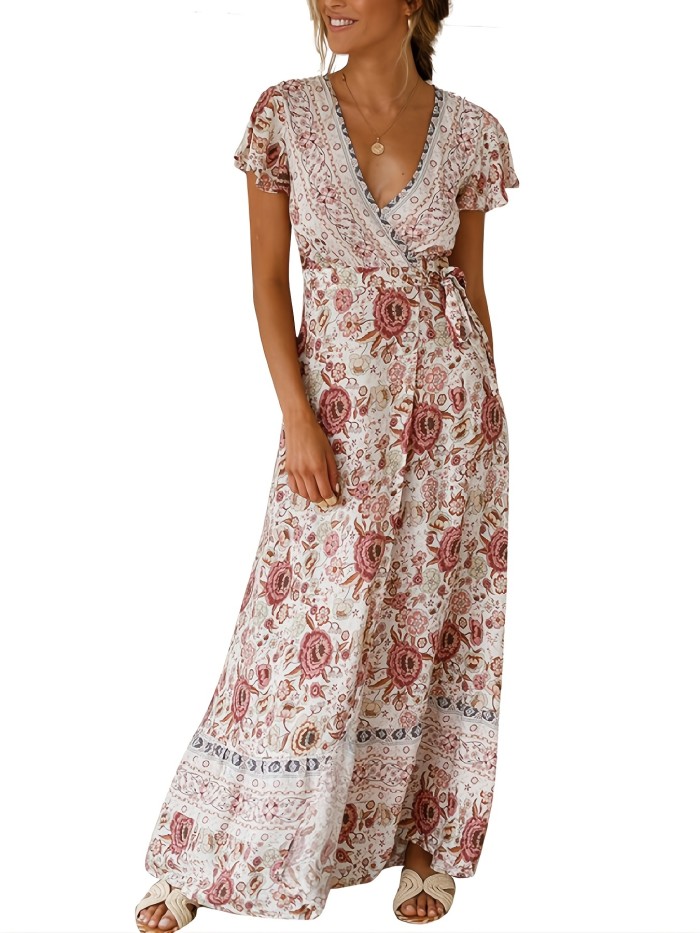 Floral Print Lace Up V Neck Dress, Elegant Short Sleeve Beach Waist Summer Vacation Split Maxi Dresses, Women's Clothing
