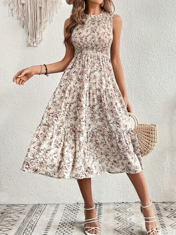 Floral Print Frill Neck Dress, Elegant Shirred Bust Sleeveless A-line Dress For Spring & Summer, Women's Clothing