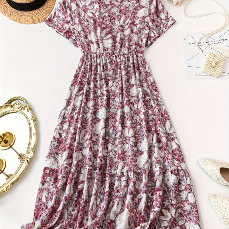 Plus Size Floral Print V Neck Dress, Casual Short Sleeve Cinched Waist Dress For Spring & Summer, Women's Plus Size Clothing