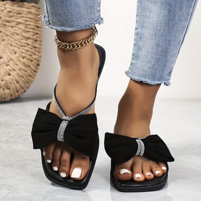 Women's Rhinestone & Bowknot Decor Slide Sandals, Casual Square Open Toe Flat Summer Shoes, Lightweight Slide Sandals