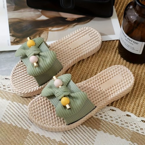 Women's Bowknot Flat Slides - Fashionable Open Round Toe Slip On Summer Shoes for All-Match Beach Style
