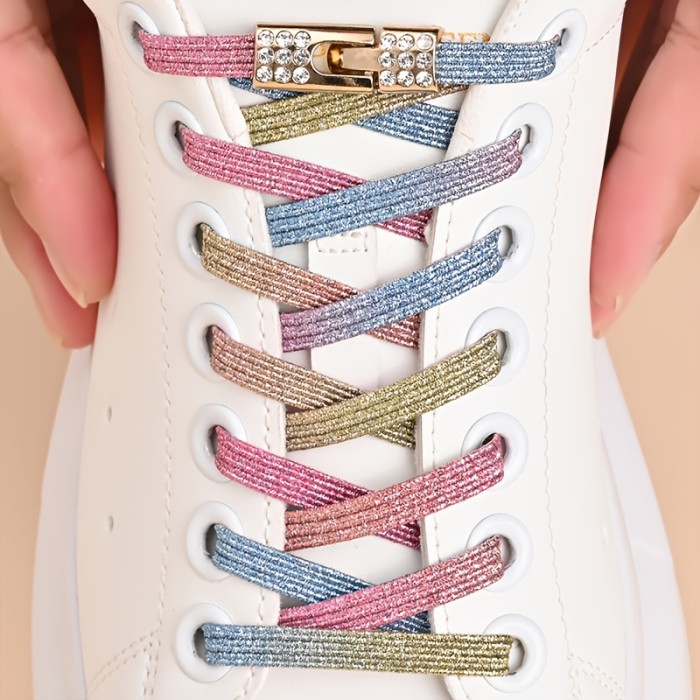1pair Fashion Elastic Lazy Shoelaces with Rhinestone Buckles for Sneakers and Canvas Shoes - Men and Women