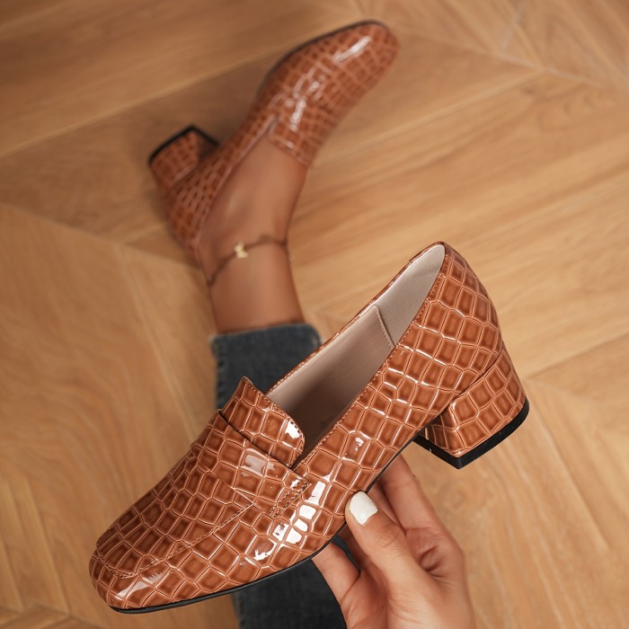 Women's Crocodile Pattern Loafers - Fashionable Square Toe Low Heel Slip-On Work Shoes