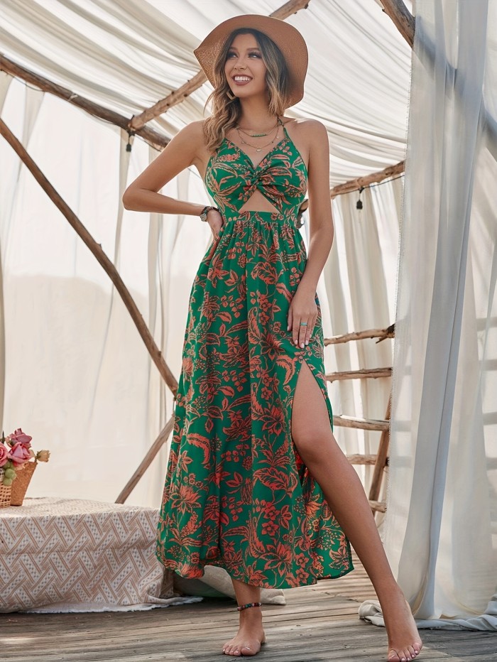 Floral Print Backless Halter Neck A-line Dress - Resort Wear for Women