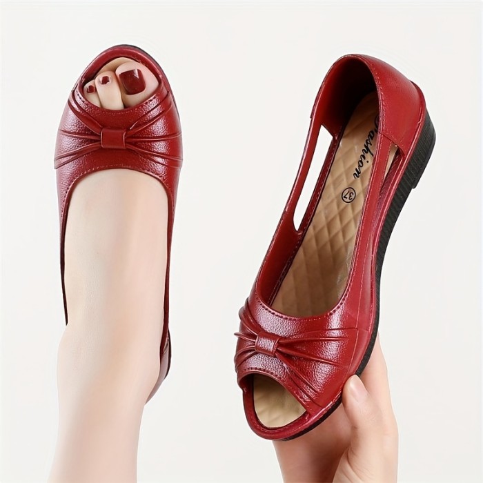 Women's Bowknot Cut-out Low Wedge Sandals - Comfortable Peep Toe Casual Shoes