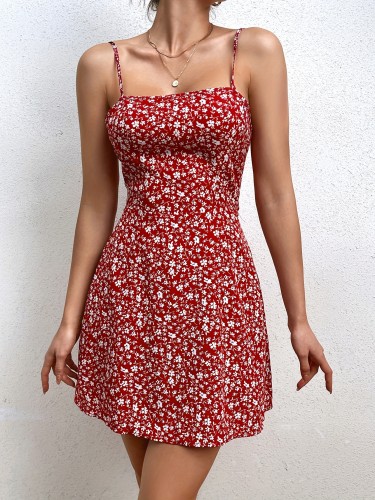 Floral Print Backless Cami Dress, Vacation Style Tie Back Sleeveless Mini Dress For Spring & Summer, Women's Clothing