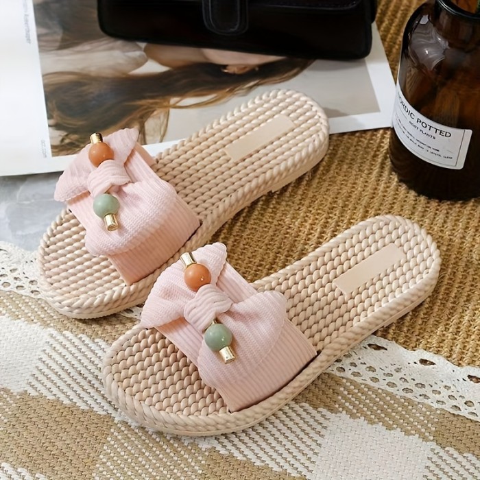 Women's Bowknot Flat Slides - Fashionable Open Round Toe Slip On Summer Shoes for All-Match Beach Style