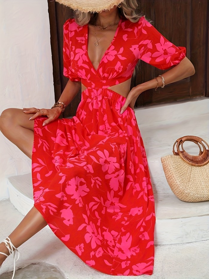 Floral Print Cutout V Neck Dress, Vacation Style Short Sleeve A-line Dress For Spring & Summer, Women's Clothing