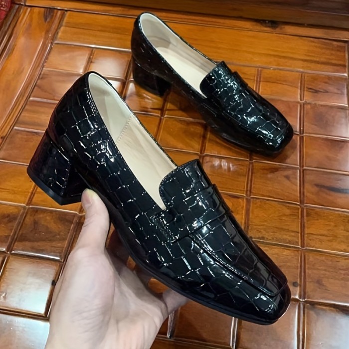 Women's Crocodile Pattern Loafers - Fashionable Square Toe Low Heel Slip-On Work Shoes