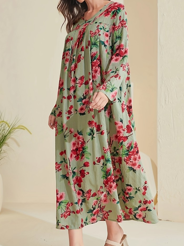 Floral Print V Neck Dress, Vacation Long Sleeve High Waist Loose Maxi Dress, Women's Clothing