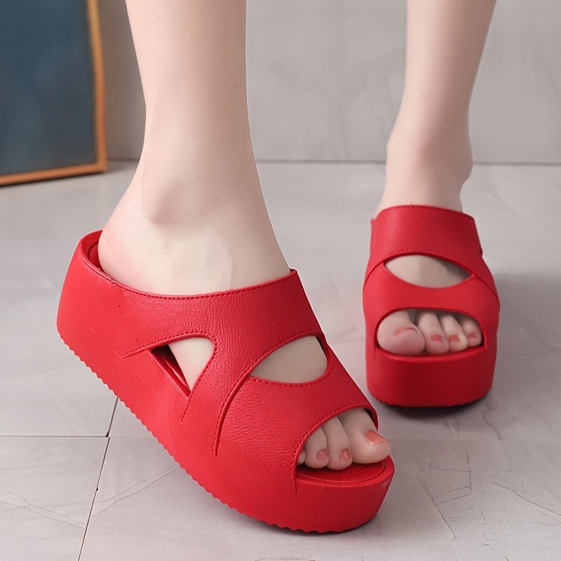Women's Platform Slippers - Comfortable Open Toe Solid Color Cut Out Round Toe Slides for Indoor & Outdoor Wear
