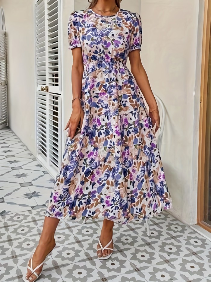 Floral Print Crew Neck Dress, Elegant Short Sleeve A-line Dress For Spring & Summer, Women's Clothing