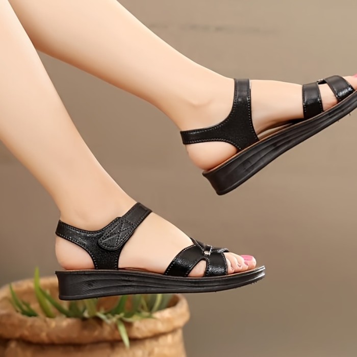 Women's Soft Sole Flat Sandals, Lightweight Faux Leather Open Toe Sandals, Women's Footwear