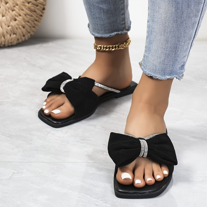 Women's Rhinestone & Bowknot Decor Slide Sandals, Casual Square Open Toe Flat Summer Shoes, Lightweight Slide Sandals