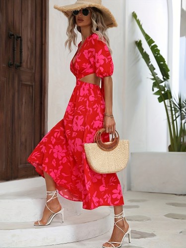 Floral Print Cutout V Neck Dress, Vacation Style Short Sleeve A-line Dress For Spring & Summer, Women's Clothing