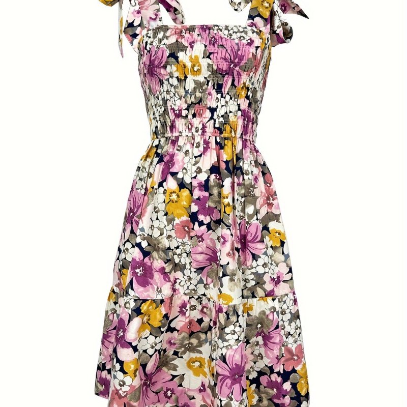Floral Print Square Neck Dress, Elegant Knot Strap Backless Sleeveless Shirred Dress For Spring & Summer, Women's Clothing