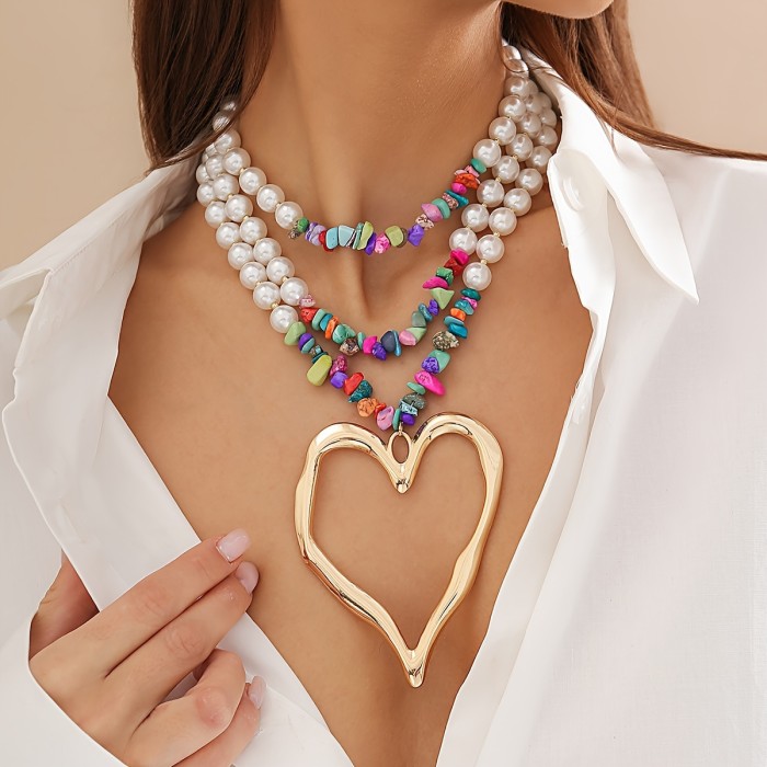 Bohemian Vintage Turquoise Stone & Pearl Heart Pendant Multilayer Necklace for Women - Daily Matching Jewelry Gift