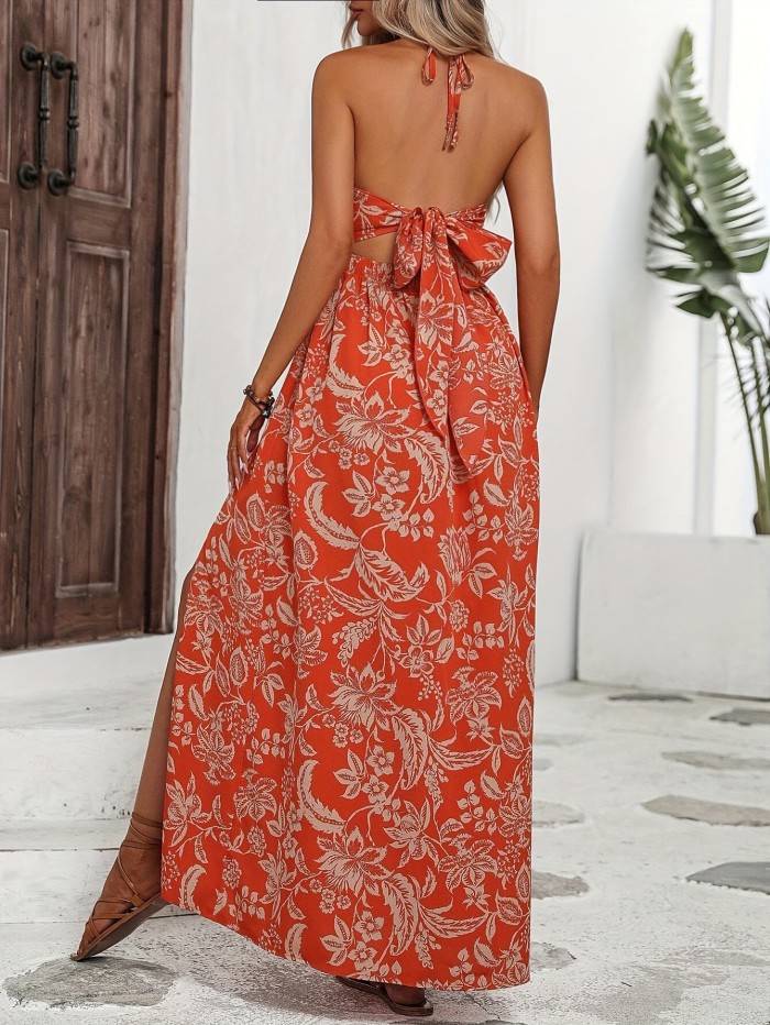 Floral Print Backless Halter Neck A-line Dress - Resort Wear for Women